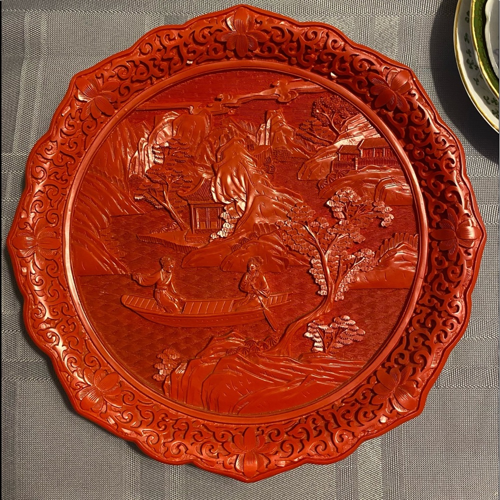 Red Japanese 9” Decor Plate with Beautiful Scenery